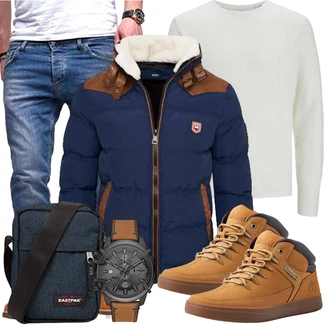 Outfit mit Dunkelblau/Rot/Hellblau/Blau KunstfaserJacke/ThermoJacke/TrachtenstrickJacke/HerbstJacke/Außergewöhnliche Jacke/DaunenJacke/KapuzenJacke/SteppJacke/WinterJacke/Puffer Jacke Behype "Street Style Outfit"