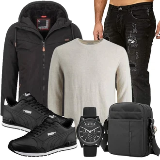 Outfit mit Schwarz/Dunkelgrau/Grau Skitourenjacke/Wasserdichte Jacke/Outdoorjacke/Wanderjacke/Funktionsjacke/Trekkingjacke Alessandro Salvarini "Street Style Outfit"