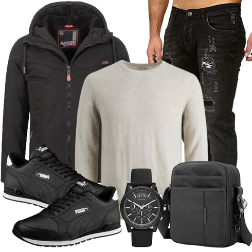 Teddyfell Schwarz/Dunkelgrau/Grau SkitourenJacke/Wasserdichte Jacke/OutdoorJacke/WanderJacke/FunktionsJacke/TrekkingJacke Alessandro Salvarini kombinieren