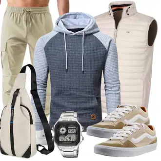 Outfit mit Weiß/Rosa/Creme/Beige/Khaki Kurze Weste/Reiseweste/Puffer Weste/Wendeweste/Steppweste/Kunstfaserweste/Reitweste/Outdoorweste/Daunenweste/Isolationsweste/Leichte Weste Calvin Klein "Street Style Outfit"