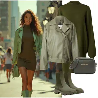 Koža Motor Outfit sa Tamnozelena/Zeleno/Kaki Prijelazna Jakna/Kratka Jakna/Kožna Bomber Jakna/Vojnička Jakna/Vintage Jakna/Uniformna Jakna/Letačka Jakna/Jakna od Umjetne Kože/Bajkerska Jakna/Održiva Jakna/Motociklistička Jakna/Kožna Jakna Topshop "Jesenski Outfit"Look: S zakovicama, Jahanje, Motor