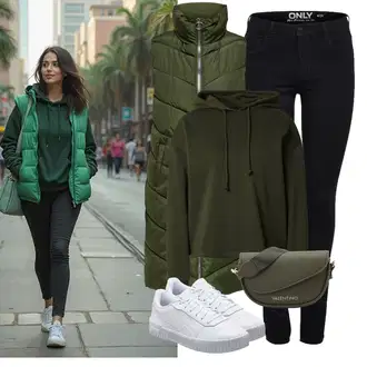 A line Outfit sa Tamnozelena Haljina Veći Broj/Parka velike veličine JdY "Jesenski Outfit"