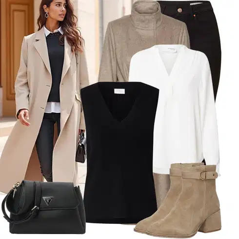 Kombinace Bílá/Krémová Blůza s knoflíčkem/Halenka se Stojatým Límcem/Halenka s Dlouhým Rukávem/Oversize Halenka/Slip-on Halenka Selected kombinovat s Černá Pletenina veľkej veľkosti/Halenka Móda Pro Plnoštíhlou/Tričko & Top Móda Pro Plnoštíhlé/Tunika Vila