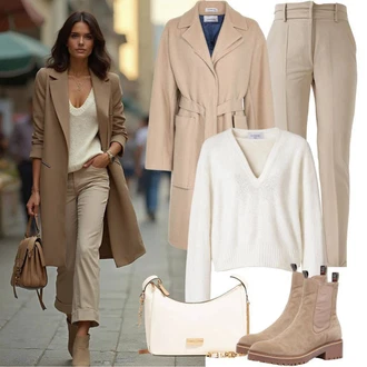 Outfit s Hnědá/Bílá/Béžová Pletený Svetr/Kardigan Kardigán s kulatým výstřihem/Krátký svetr/Crop Svetr/Basic Svetr/Kardigán se stojatým límečkem/Jednoduchý Svetr/Rolák armonika "Stylový outfit pro rakovinu"
