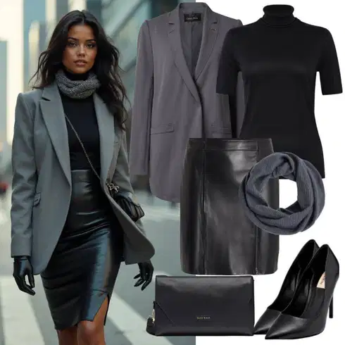 Kombinace Černá Kožená Sukně Kožená Minisukně/Kožená Sukně/Sukně z umělé kůže/Krátká Sukně Mango kombinovat s Černá/Šedá/Tmavě hnědá/Tmavě šedá/Tmavě zelená/Hnědá Kožený Saka/Sak z Umělé Kůže/Oversize Sako bershka