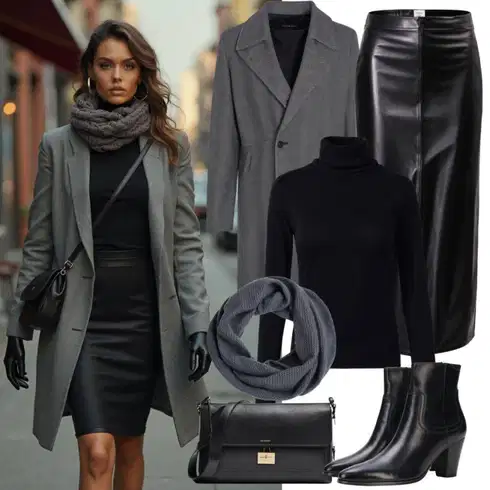 Kombinace Nový Rok Černá/Šedá/Tmavě šedá Kožená Sukně/Sukně z umělé kůže misspapLook: Bar, 30. narozeniny, 40. narozeniny, 50. narozeniny, Koncert, Nový Rok, Zvláštní příležitosti, Matriční úřad, Narozeniny