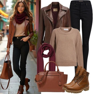 Old Money Outfit s Tmavě hnědá/Tmavě červená/Vínová/Fialová Šál/Kruhový Šál A Lot Less "Stylový vzhled pro podzim"Look: Klasické, Elegantní, Old Money, Nadrozměrné, Skromné, Traditional, Unisex, Univerzitní, Retro, 80tá léta