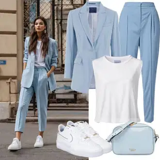 Outfit s Světle Modrá/Modrá/Tmavě Modrá/Pastelové barvy Elegantní Sako/Krátké Sako/Pletený Sako/Neformální Sako/Oversize Sako/Teplákový blejzr/Boyfriend Sako/Kožená bunda pro muže/Kožená Pánská Bund/Dlouhý Sako/Blejzrové Bund/Blůzové Sako kesi "Stylový vzhled pro Váhy"