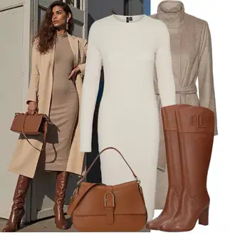 Výstřih na ramena Outfit s Béžová/Khaki/Hnědá Dlouhé pletené šaty/Svetrové Šaty/Šaty S Rolákem/Zimní Pletené Šaty VERO MODA "Podzimní Look"