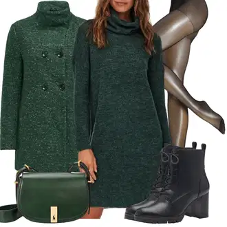 Výstřih na ramena Outfit s Zelená/Tmavě zelená/Tyrkysový Pletené Šaty/Zimní Pletené Šaty/Svetrové Šaty/Šaty S Rolákem Only "Podzimní Look"