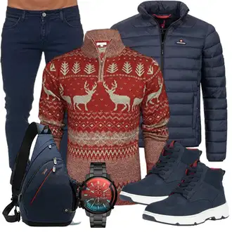 Outfit mit Rot/Braun/Beige Vintage Pullover/Jacquard Pullover/Wollpullover/Winterpullover/Norweger Pullover/Weihnachtspullover Xact "Weihnachts Outfits"