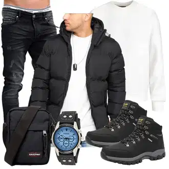 Winter Outfits Warme mit Schwarz Kunstfaserjacke/Sommerdaunenjacke/Kapuzenjacke/Daunenjacke/Winterjacke/Puffer Jacke Behype, Schwarz/Grün/Dunkelgrün/Dunkelgrau Wasserdichter Stiefel/Herren Lederschuhe/Wasserfester Schuh/Wasserdichter Outdoorschuh/Trekkingstiefel ARRIGO BELLO "Winter Outfit"