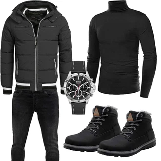 Winter Outfit mit Schwarz Wattierte Stiefel/Schnürstiefel/Gefütterte Stiefelette/Winter Stiefel/Sicherheitsschuh/Wasserfester Schuh/Winter Sneaker/Winter Stiefelette/Wasserdichter Stiefel/Klassischer Stiefel/Herren Lederschuhe Pastaza "Winter Outfit"