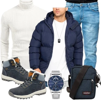 Sportlich Outfit mit Dunkelblau/Blau/Grau/Hellblau Schuh Wasserdichter Stiefel/Wasserdichter OutdoorSchuh/Herren LederSchuhe/Winter Sneaker/Trekkingstiefel/Wasserfester Schuh Pastaza "Winter Outfit"Look: Outdoor, Kuschel, Workwear, Sportlich, Unisex, Casual