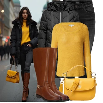 Squash Outfit s Žlutá/Hnědá Basic Svetr/Svetr z Jemné Pleteniny/Kašmírový Svetr/Pletený Svetr/Mohair Pullover/Svetr s Kulatým Výstřihem/Jednoduchý Svetr/Vlněný Svetr Only "Zimní outfity"Look: Squash