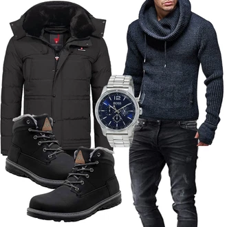 Winter Outfit mit Schwarz Wattierte Stiefel/Schnürstiefel/Gefütterte Stiefelette/Winter Stiefel/Sicherheitsschuh/Wasserfester Schuh/Winter Sneaker/Winter Stiefelette/Wasserdichter Stiefel/Klassischer Stiefel/Herren Lederschuhe Pastaza "Winter Outfit"