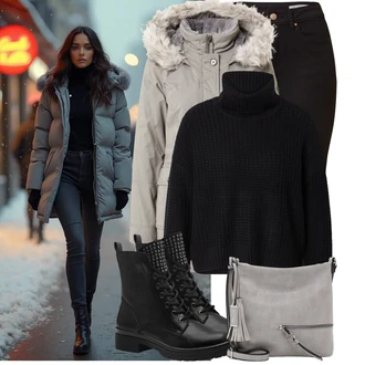 Umělá kožešina Outfit s Šedá/Béžová/Hnědá/Khaki/Světle šedá/Fialová Zimní Bund/Zimní Parka/Bundeswehr Parka/Parka Přechodová Bund Hollister "Outfity na zimu"