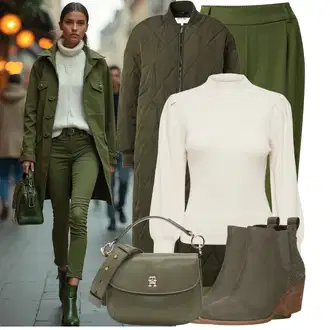 za srednje godine Outfit sa Tamnozelena/Kaki Nekategorizirano About You "Outfit za zimu"Look: Prevelik, Vanjski, Radna odjeća, Mom, za srednje godine, Francuske, Za Kuću