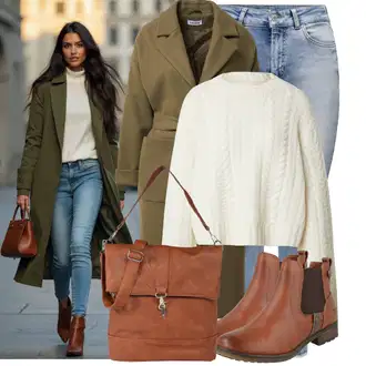 Outfit s Bílá/Krémová Svetr s copánkovým vzorem/Svetr Carmen/Hrubě pletený svetr/Crop Svetr/Kašmírový Svetr/Pletený Svetr/Mohair Pullover/Jednoduchý Svetr/Svetr s Třásněmi/Zimní Svetr/Vlněný Svetr about you x marie von behrens "Outfity na zimu"