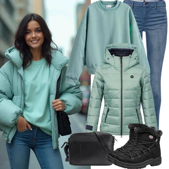 Outfity na lyžování Cool s Modrá/Tmavě modrá Kožená bunda/Kotníková Bota/Džíny s Rozparkem/Push up Džín/Džíny s Dírou/Kožené bundy levi's ® "Zimní outfit"Look: 90tá léta, Cool, Disko, Francouzské, Krásný, Univerzitní