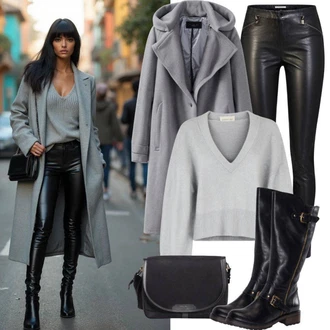 Outfity s botami s Černá Kozačka Na Podpatku/Dlouhá Kozačka/Kozačka nad Kolena/Bota se širokým nohavici/Špičatá Kozačka/Kozačka po Kolena About You "Zimní outfit"