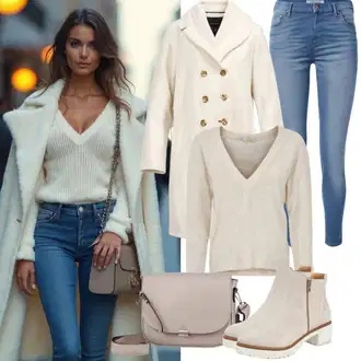 Outfit s Béžová/Krémová Teddy Kabát/Kožich Kabát/Kabát Bouclé/Vintage Kabát/Vlněný Fleecový Kabát About You "Zimní outfit"