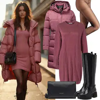 Výstřih na ramena Outfit s Růžová/Oranžová Pletené Šaty/Šaty s Páskem/Zimní Pletené Šaty/Svetrové Šaty Edited "Zimní outfit"