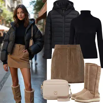 Denim/Traper Outfit sa Smeđa/Kaki/Tamnosmeđa/Bež Traper Suknja/Minisuknja Iz 70-ih/Mini Suknja Cotton On "Zimski izgled"