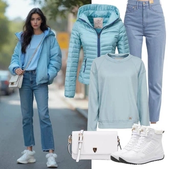 Sexy Outfit Zima mit Modra/Svetlo modra/Turkizna Napihnjena Jakna/Kratka Jakna/Crop Jakna/Trajnostna Jakna/Poletna Jakna answear lab, Bela Zimski čevelj/Zimske superge/Oblazinjeni škorenj/Debele Superge/Škornj za Sneg/Zimski gležnjar/Zimski škornj iz jagnječje kože primohurt "Zimski outfit"
