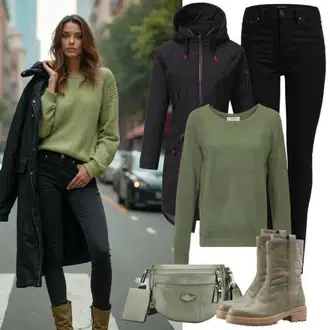 Jesenske Outfiti Debel mit Khaki/Bela/Bež/Krem Usnjene superge/Plato-Sneaker/Zimske superge/Chelsea Škornj/Debele Superge/Usnjena Jakna/Gumijasti Gležnar Guess "Zimski videz"