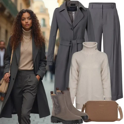 Kombinace Šedá/Světle šedá/Tmavě šedá Široká Kalhoty/3/4 Kalhoty/Culotte Kalhoty/Mušelínové kalhoty/Palazzo Kalhoty/Plisovaná kalhoty/Kožená Pánská Bund JdY kombinovat s Hnědá/Béžová/Khaki Sveter Crop Svetr/Rolák/Svetr s límečkem bershka