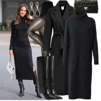 Vysoké Podpatky Outfit s Černá/Bílá Kozačka Na Podpatku/Špičatá Kozačka/Dlouhá Kozačka/Bota se širokým nohavici/Kozačka po Kolena Jeffrey Campbell "Stylový Zimní Outfit"