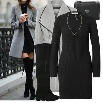 Kombinacije s čizmama sa Crna Čizma Iznad Koljena/Duga Čizma/Čizma do Koljena/Ravna čizma preko koljena/Kožna Čizma Iznad Koljena About You "Zimski modni outfit"