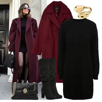 Kombinacije s čizmama sa Crna Čizma do Koljena/Široke čizme/Čizma Iznad Koljena/Duga Čizma/Čizma na visoku petu/Čizma na Špic About You "Zimski modni outfit"