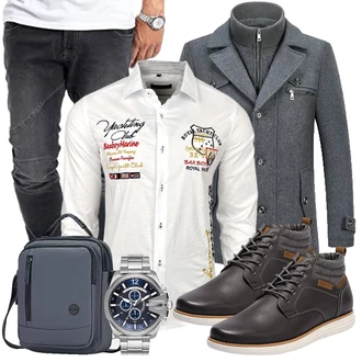 Slim fit Outfit mit Dunkelblau/Dunkelgrau/Grau Blazermantel/Caban Mantel/Wollfleece Mantel/Wintermantel Wollmantel KUDORO "Buro Outfit"