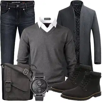 Slim fit Outfit mit Dunkelgrau/Grau/Dunkelblau Strickmantel/Schmal Geschnittener Mantel/Wollfleece Mantel/Gehröck/Blazermantel/Kaschmir Mantel/Wintermantel Wollmantel YOUTHUP "Buro Outfit"
