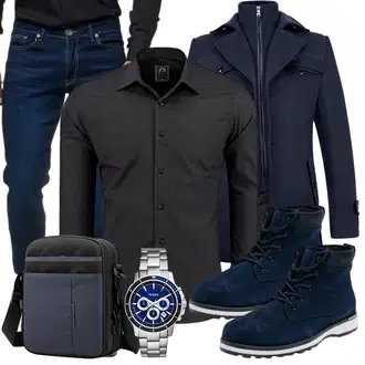 Slim fit Outfit mit Dunkelblau Gehröck/Schmal Geschnittener Mantel/Wollfleece Mantel/Militärmantel/Scuba-Mantel/Mantel mit Reißverschluss/Duffle Mantel/Wintermantel Wollmantel KUDORO "Business Outfit"