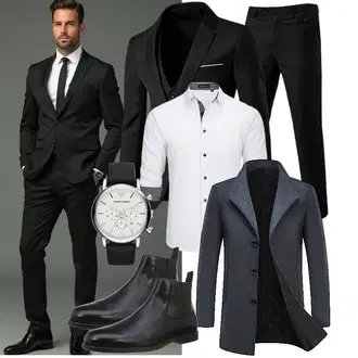 Slim fit Outfit mit Dunkelblau/Grau Tweed Mantel/Gehröck/Wollfleece Mantel/Schmal Geschnittener Mantel/Kaschmir Mantel/Blazermantel/Wintermantel Wollmantel KUDORO "Business Outfit"