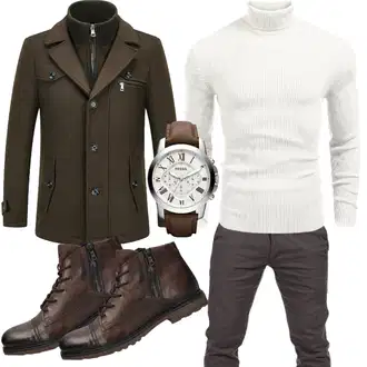 Slim fit Outfit mit Dunkelgrün/Khaki/Braun/Grau Militärmantel/Blazermantel/Schmal Geschnittener Mantel/Mantel mit Reißverschluss/Wollfleece Mantel/Duffle Mantel/Wintermantel Wollmantel KUDORO "Business Outfit"