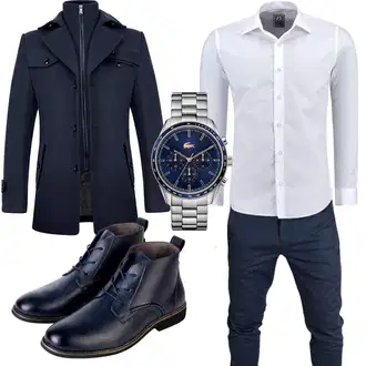 Slim fit Outfit mit Dunkelblau Gehröck/Schmal Geschnittener Mantel/Wollfleece Mantel/Militärmantel/Scuba-Mantel/Mantel mit Reißverschluss/Duffle Mantel/Wintermantel Wollmantel KUDORO "Business Outfit"