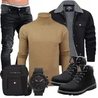 Winter Outfit mit Schwarz Wattierte Stiefel/Schnürstiefel/Gefütterte Stiefelette/Winter Stiefel/Sicherheitsschuh/Wasserfester Schuh/Winter Sneaker/Winter Stiefelette/Wasserdichter Stiefel/Klassischer Stiefel/Herren Lederschuhe Pastaza "Casual Outfit"