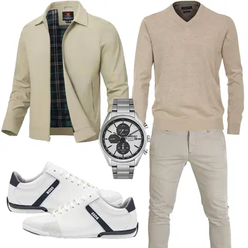Beige Hose CASAMODA kombinieren mit Khaki/Beige Sommerjacke/Jacke mit Seitlichem Reißverschluss/Frühlingsjacke/Schlupfjacke/Uniformjacke donhobo