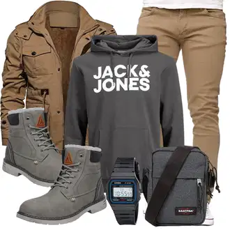 Logoprint Outfit mit Dunkelgrau/Grau/Schwarz/Dunkelgrün Sport Sweatshirt/Damen Pullover/Ausgefallener Hoodie/Vintage Hoodie/Hoodie/Sport Hoodie/Unisex Hoodie Jack & Jones "Casual Outfit"