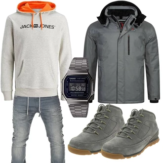 Outfit mit Grau/Orange/Schwarz/Hellgrau/Rosa/Khaki/Hellblau Sport Sweatshirt/Unisex Hoodie/Vintage Hoodie/Hoodie/Ausgefallener Hoodie/Sport Hoodie/Kapuzenpullover Jack & Jones "Cool Outfit"