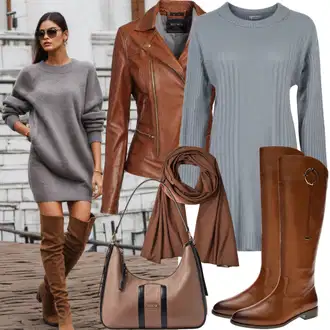 S pasom outfit mit Črna/Rjava/Siva/Temno siva Usnjena Jakna Jakna iz Umetnega Usnja/Usnjena Jakna/Slip-on jakna/Kratka Jakna/Vintage Usnjena Jakna DKNY "Cooles Herbst Outfit"