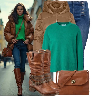 Nadrozměrné, Vintage Outfit s Tmavě modrá/Světle modrá/Modrá Zimní bunda/Džíny s Rozparkem/Kožené Boty/Push up Džín/Kožená bunda/High Waist Džínové Kalhoty Only "Zimní look"Look: Cool, Francouzské, Krásný, Old Money, Vintage