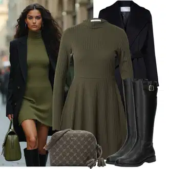 Outfity na zimu s Tmavě zelená Pletené Šaty/Šaty S Rolákem/Zimní šaty s dlouhým rukávem/Svetrové Šaty/Zimní Pletené Šaty/Šaty S Vysokým Výstřihem About You "Vánoční outfit"