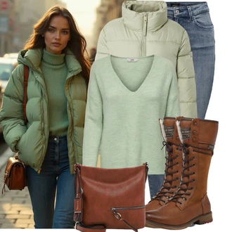 Outfit s Tmavě zelená/Zelená/Světle zelená/Khaki Prošívaná Bunda/Zimní Bund/Nafukovací Bund/Udržitelná Bunda/Letní peřová Bunda/Puchová Bund Tom Tailor "Vánoční outfit"