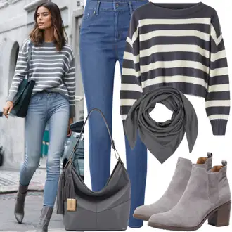 Jesenske Outfiti Debel mit Bela/Krem/Siva/Temno rdeča/Rjava Pulover s Potiskom/Volnen Pulover Custommade "Elegantni Jesenski Outfit"