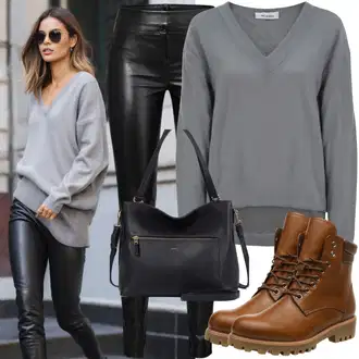 Jesenske Outfiti Rockenjski mit Temno siva/Temno zelena/Bela/Khaki/Črna Usnjena Hlača/Hlače iz Imitacije Usnja/Skinny Hlače/Usnjena pajkica/Motoristična hlača/Nagubane hlače Dr. Denim "Elegantni Jesenski Outfit"Look: Modna, Brez šivov, Mokrega videza, Plemenita, Resna, Delovna oblačila, Eleganten, Italijanska, Modernen, Kul, Zunaj, Rockenjski